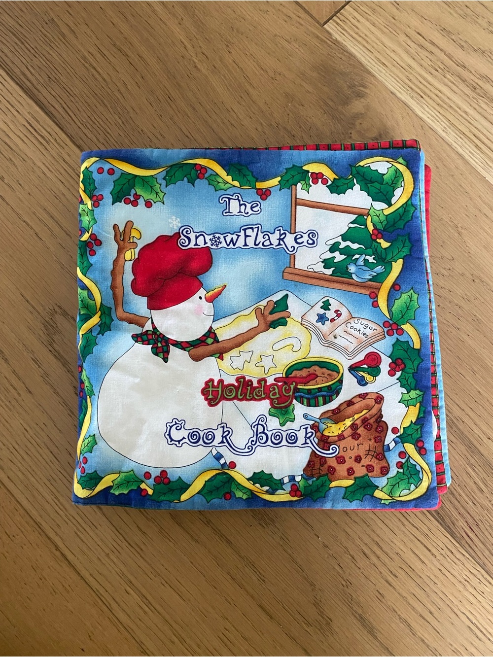 Holiday Snowman Cook Book Fabric Square - Blue, Red, Green